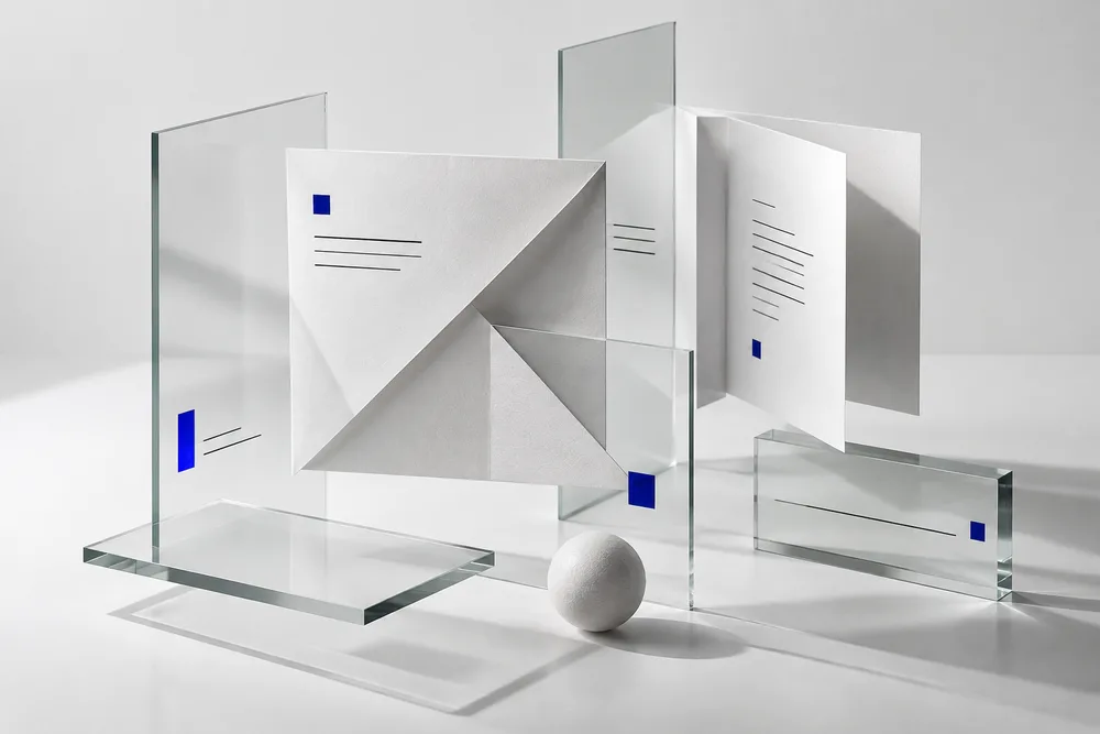 Editorial composition of pages and glass